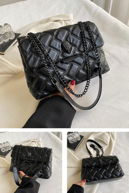 Black Chic Quilted Crossbody Bag for Women - PU Leather Diamond Pattern Chain Strap Shoulder Purse with V888-ELOSUNG32133