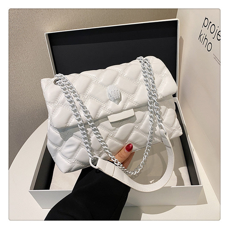 White Chic Quilted Crossbody Bag for Women - PU Leather Diamond Pattern Chain Strap Shoulder Purse with V888-ELOSUNG32135