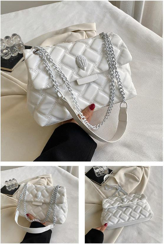 White Chic Quilted Crossbody Bag for Women - PU Leather Diamond Pattern Chain Strap Shoulder Purse with V888-ELOSUNG32135