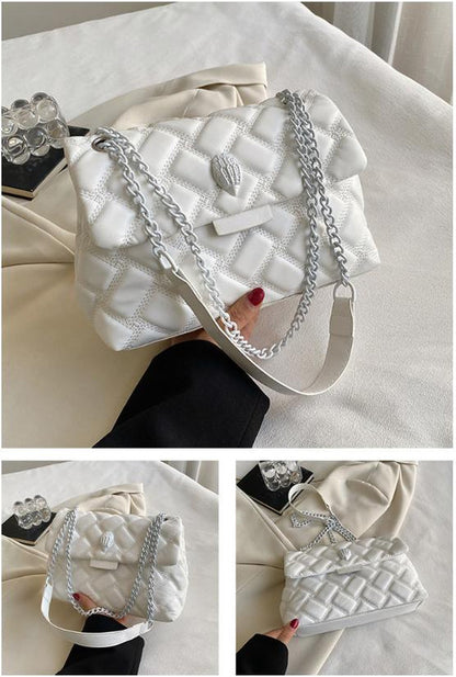 White Chic Quilted Crossbody Bag for Women - PU Leather Diamond Pattern Chain Strap Shoulder Purse with V888-ELOSUNG32135