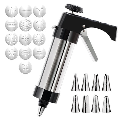 Silver and Black Stainless Steel Cookie Press Gun Kit - Biscuit Maker & Icing Decorating Set with 13 Discs & V888-ELOSUNG32141