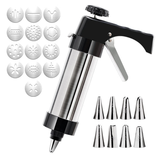 Silver and Black Stainless Steel Cookie Press Gun Kit - Biscuit Maker & Icing Decorating Set with 13 Discs & V888-ELOSUNG32141
