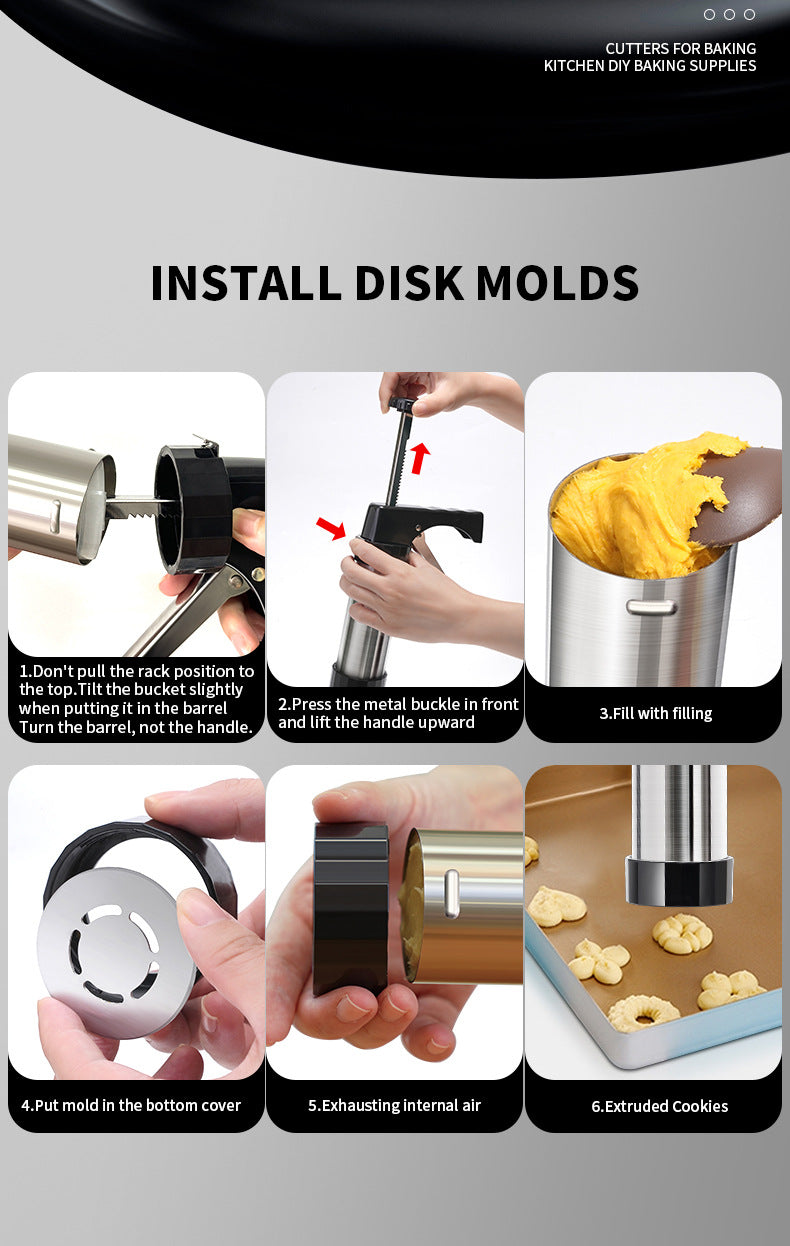 Silver and Black Stainless Steel Cookie Press Gun Kit - Biscuit Maker & Icing Decorating Set with 13 Discs & V888-ELOSUNG32141