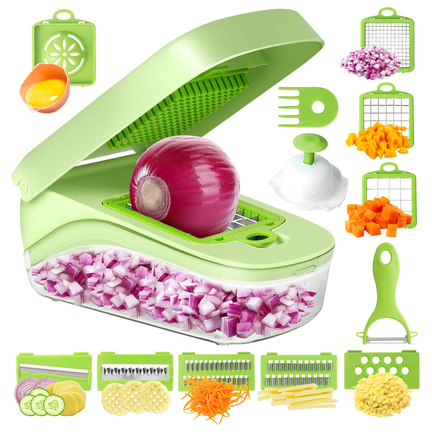 Green Versatile 14-in-1 Vegetable Chopper & Slicer Set - Multi-functional Kitchen Mandoline Dicer & Grater V888-ELOSUNG32142