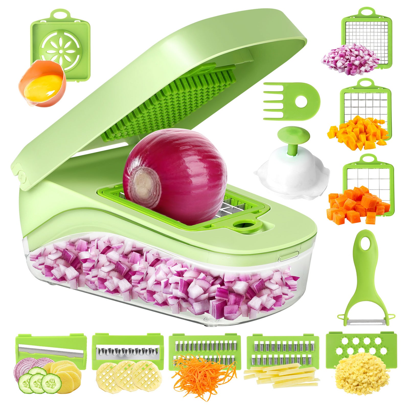 Green Versatile 14-in-1 Vegetable Chopper & Slicer Set - Multi-functional Kitchen Mandoline Dicer & Grater V888-ELOSUNG32142