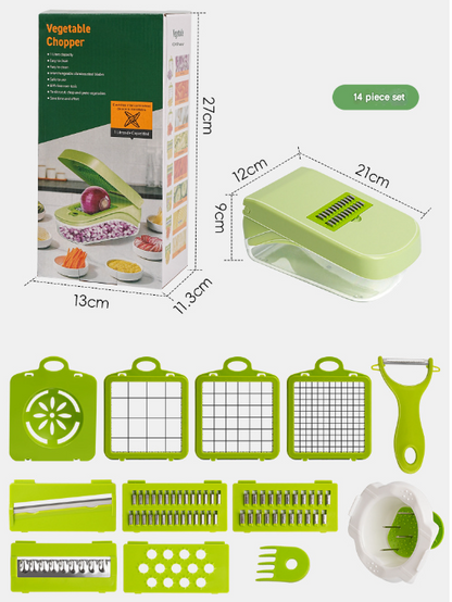 Green Versatile 14-in-1 Vegetable Chopper & Slicer Set - Multi-functional Kitchen Mandoline Dicer & Grater V888-ELOSUNG32142