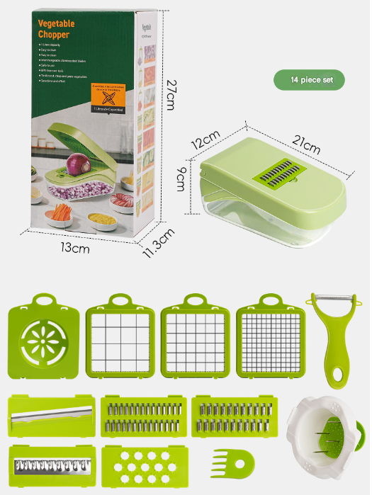Green Versatile 14-in-1 Vegetable Chopper & Slicer Set - Multi-functional Kitchen Mandoline Dicer & Grater V888-ELOSUNG32142