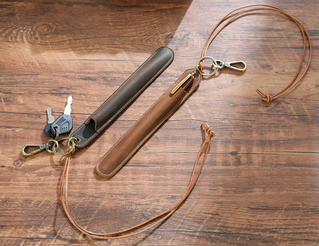 Coffee Vintage Top-Grain Leather Pen Sleeve Holder with Neck Strap - Protective Single Pen Case V888-ELOSUNG32143