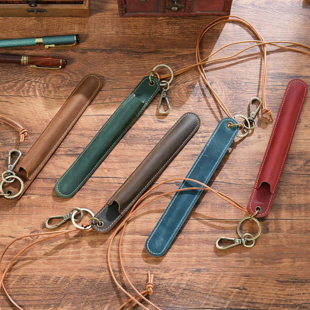 Brown Vintage Top-Grain Leather Pen Sleeve Holder with Neck Strap - Protective Single Pen Case V888-ELOSUNG32144