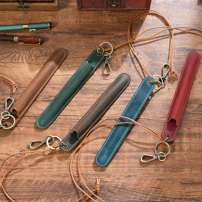 Green Vintage Top-Grain Leather Pen Sleeve Holder with Neck Strap - Protective Single Pen Case V888-ELOSUNG32145