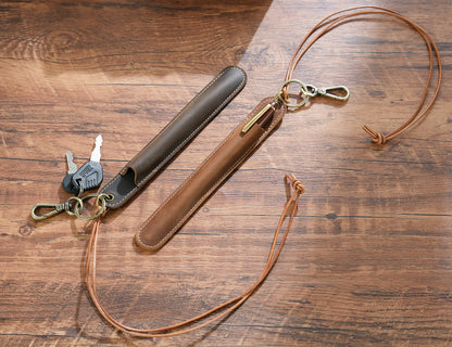 Green Vintage Top-Grain Leather Pen Sleeve Holder with Neck Strap - Protective Single Pen Case V888-ELOSUNG32145