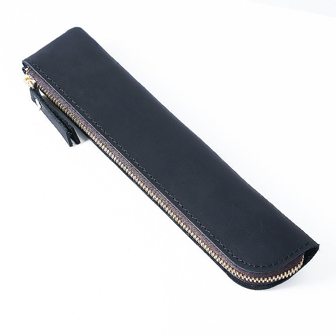 Black Vintage Crazy Horse Leather Zippered Pen Case - Retro Pencil Pouch & Small Accessories Bag V888-ELOSUNG32147