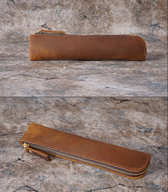 Black Vintage Crazy Horse Leather Zippered Pen Case - Retro Pencil Pouch & Small Accessories Bag V888-ELOSUNG32147