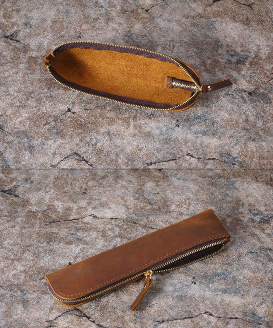 Black Vintage Crazy Horse Leather Zippered Pen Case - Retro Pencil Pouch & Small Accessories Bag V888-ELOSUNG32147