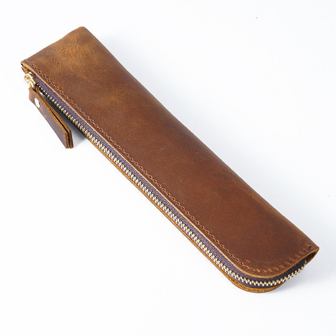 Brown Vintage Crazy Horse Leather Zippered Pen Case - Retro Pencil Pouch & Small Accessories Bag V888-ELOSUNG32148