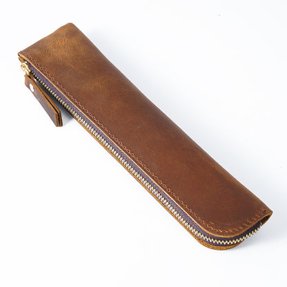 Brown Vintage Crazy Horse Leather Zippered Pen Case - Retro Pencil Pouch & Small Accessories Bag V888-ELOSUNG32148