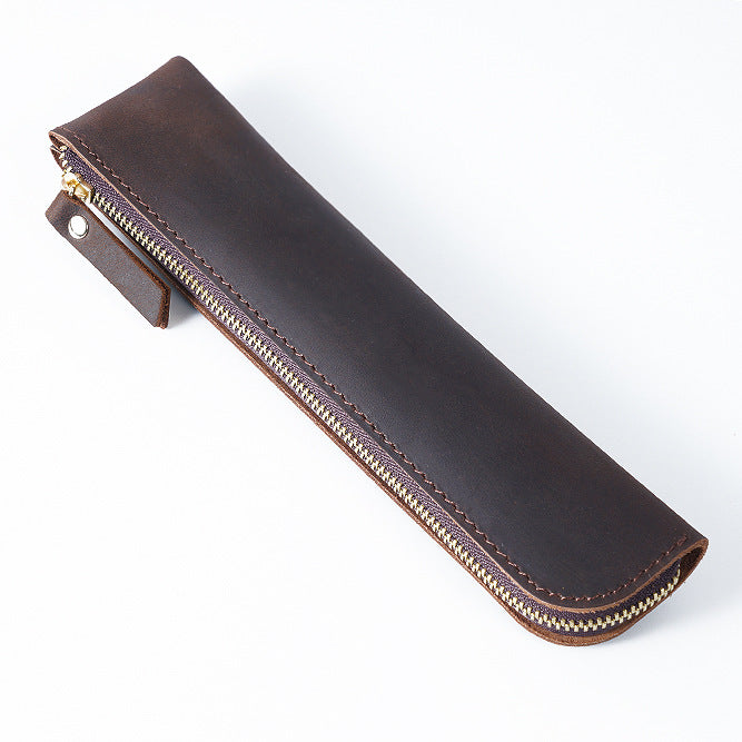 Coffee Vintage Crazy Horse Leather Zippered Pen Case - Retro Pencil Pouch & Small Accessories Bag V888-ELOSUNG32149