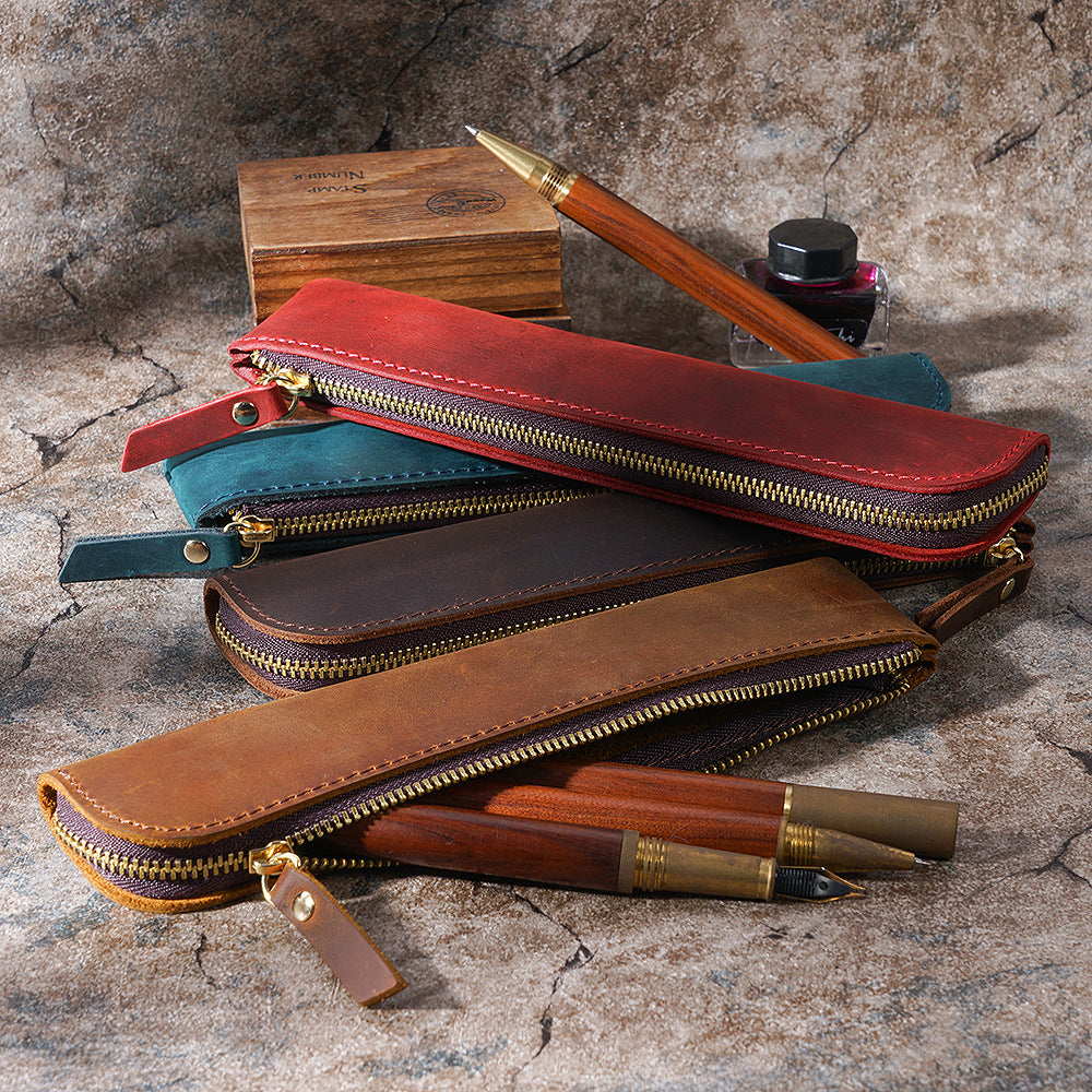 Coffee Vintage Crazy Horse Leather Zippered Pen Case - Retro Pencil Pouch & Small Accessories Bag V888-ELOSUNG32149