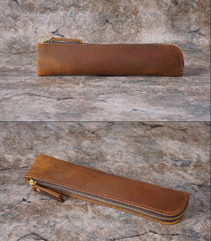 Coffee Vintage Crazy Horse Leather Zippered Pen Case - Retro Pencil Pouch & Small Accessories Bag V888-ELOSUNG32149