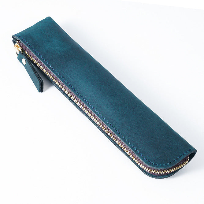 Blue Vintage Crazy Horse Leather Zippered Pen Case - Retro Pencil Pouch & Small Accessories Bag V888-ELOSUNG32150
