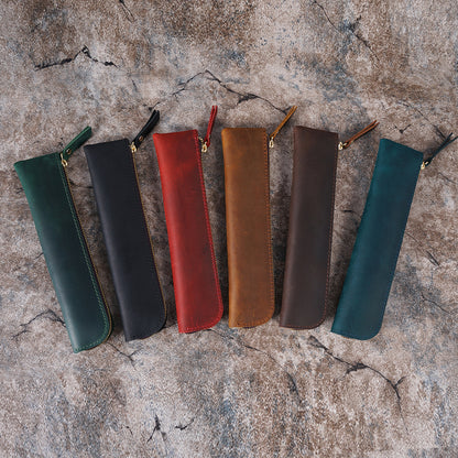 Blue Vintage Crazy Horse Leather Zippered Pen Case - Retro Pencil Pouch & Small Accessories Bag V888-ELOSUNG32150