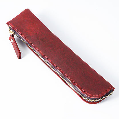 Red Vintage Crazy Horse Leather Zippered Pen Case - Retro Pencil Pouch & Small Accessories Bag V888-ELOSUNG32151