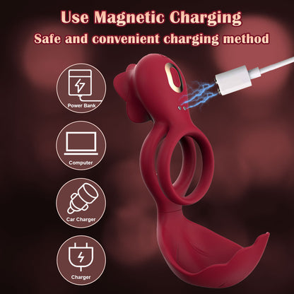 Red Romantic Rose Dual Motor Vibrating Couples Pleasure Ring - Rechargeable Silicone Enhancer V888-ELOSUNG32162