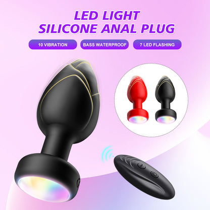Red Luminous LED Vibrating Anal Plug with Wireless Remote - 10 Speeds, 7 Light Modes, Waterproof Silicone V888-ELOSUNG32164