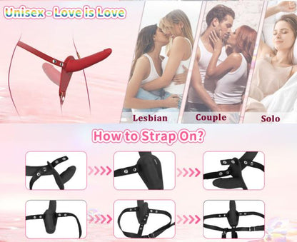 Red Versatile Unisex Dual-Ended Silicone Strap-On Dildo with Adjustable Leather Harness for Couples & Solo V888-ELOSUNG32166