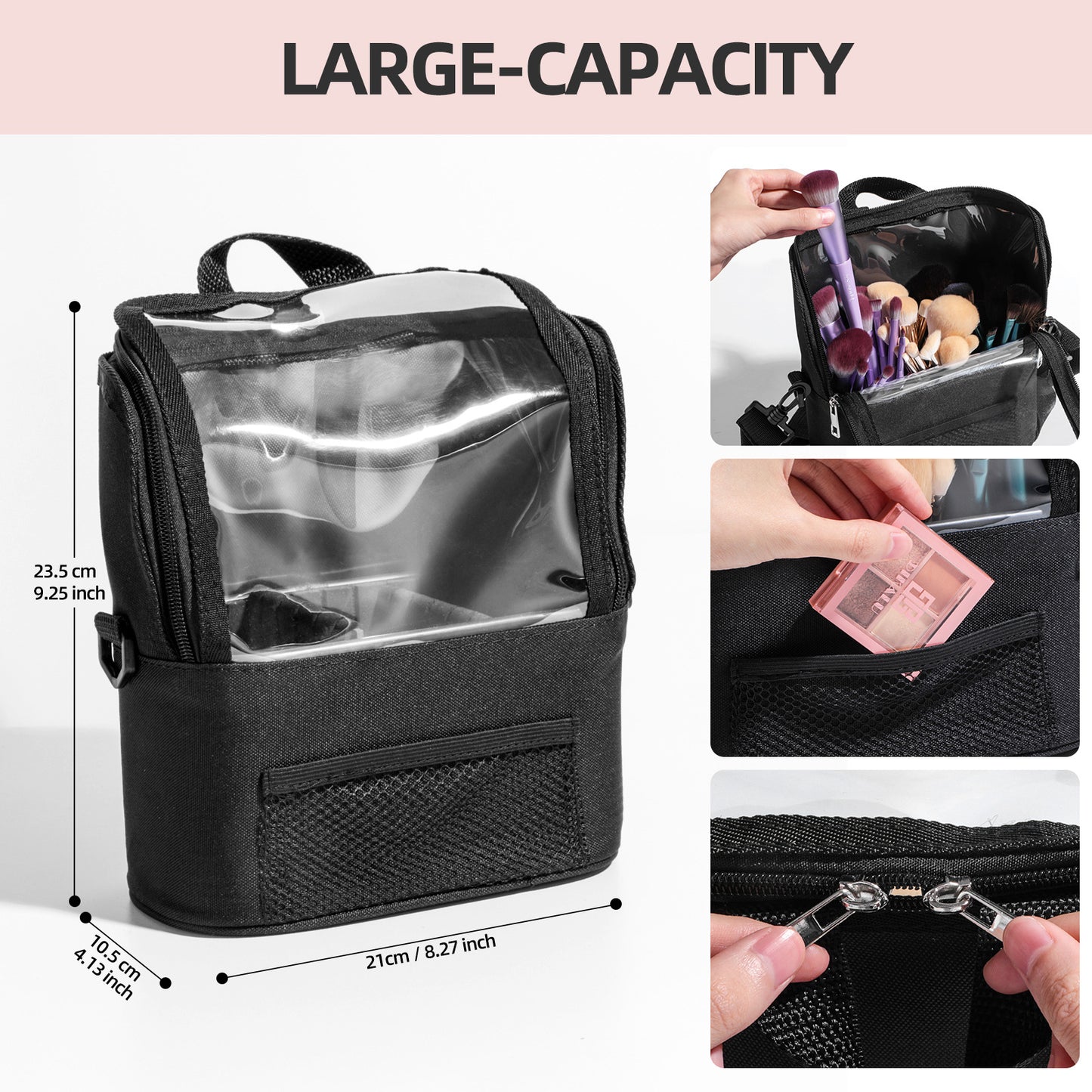 Black Professional Makeup Bag Organizer - Large Capacity Travel Cosmetic Case with Brush Holder, Adjustable V888-ELOSUNG32183