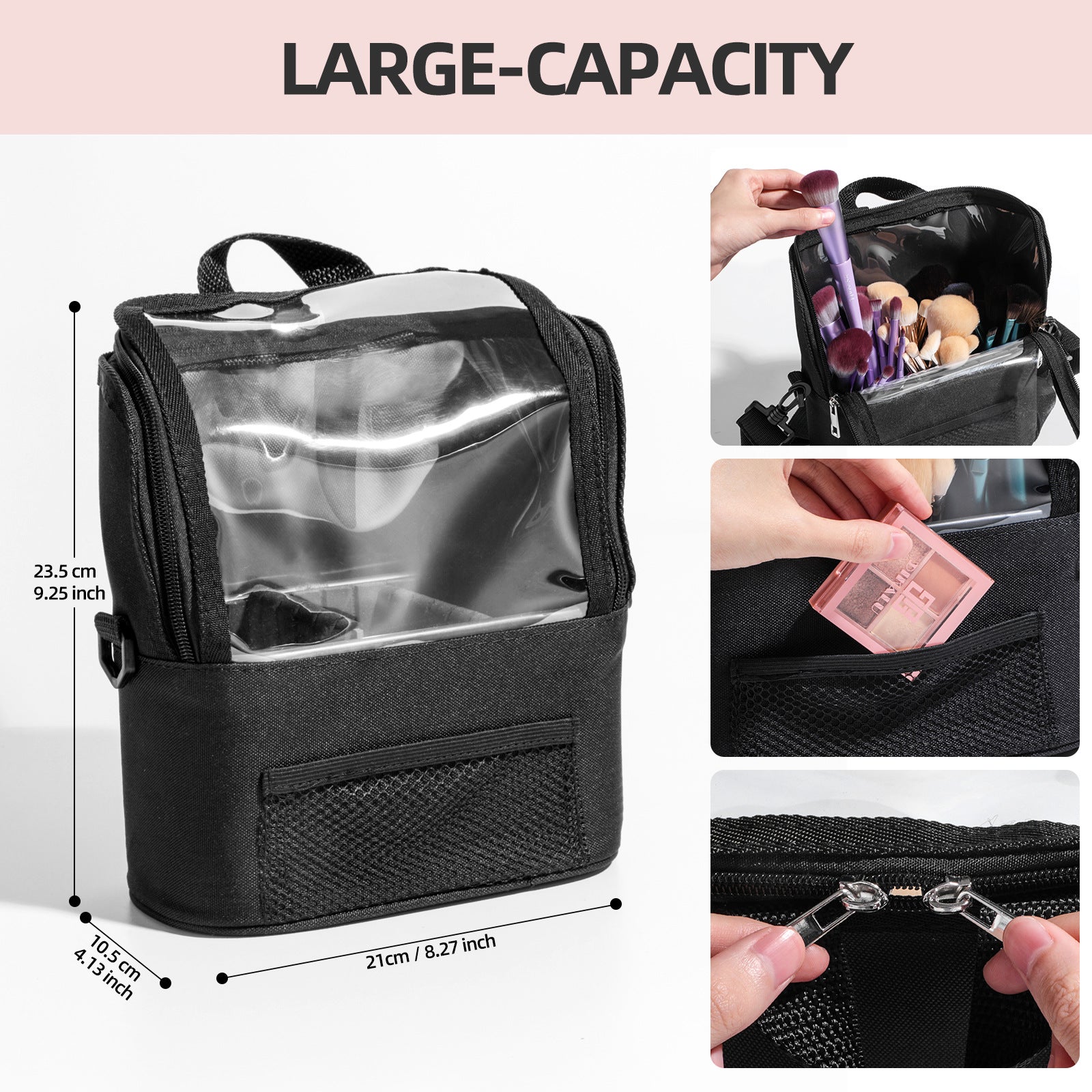 Black Professional Makeup Bag Organizer - Large Capacity Travel Cosmetic Case with Brush Holder, Adjustable V888-ELOSUNG32183