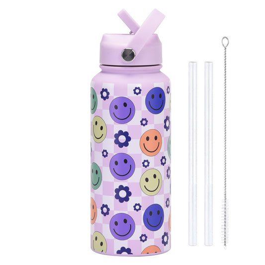 Style 27A Purple Smiley Face Pattern Vibrant Fun Print 1L Stainless Steel Insulated Water Bottle - 32oz Large V888-ELOSUNG32188