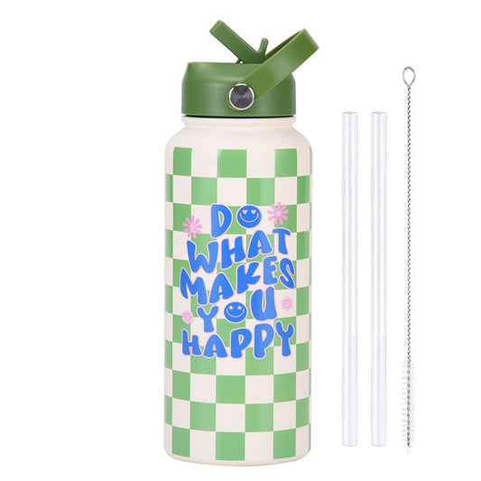 Style 23J Green and White Plaid Vibrant Fun Print 1L Stainless Steel Insulated Water Bottle - 32oz Large V888-ELOSUNG32189