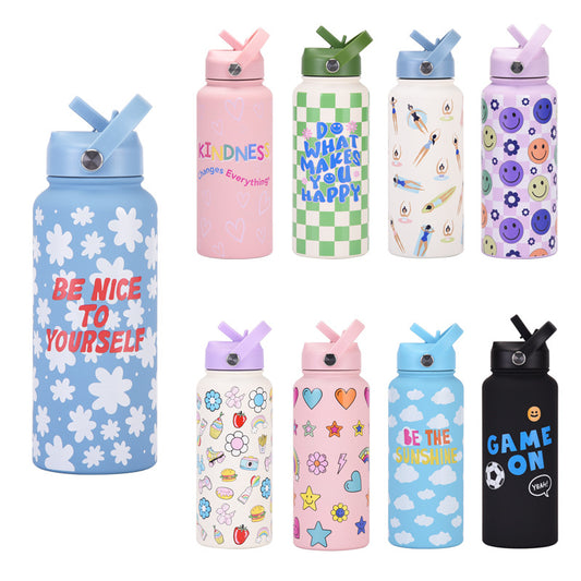 Style 19A Blue and White Plaid Vibrant Fun Print 1L Stainless Steel Insulated Water Bottle - 32oz Large V888-ELOSUNG32191