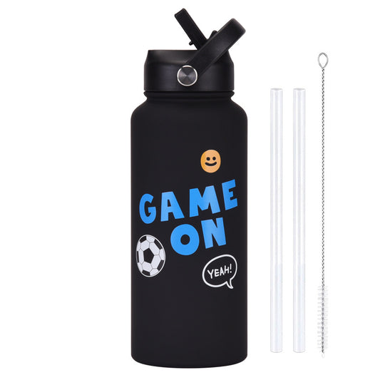 Style 9B Black Vibrant Fun Print 1L Stainless Steel Insulated Water Bottle - 32oz Large Capacity with Straw V888-ELOSUNG32193