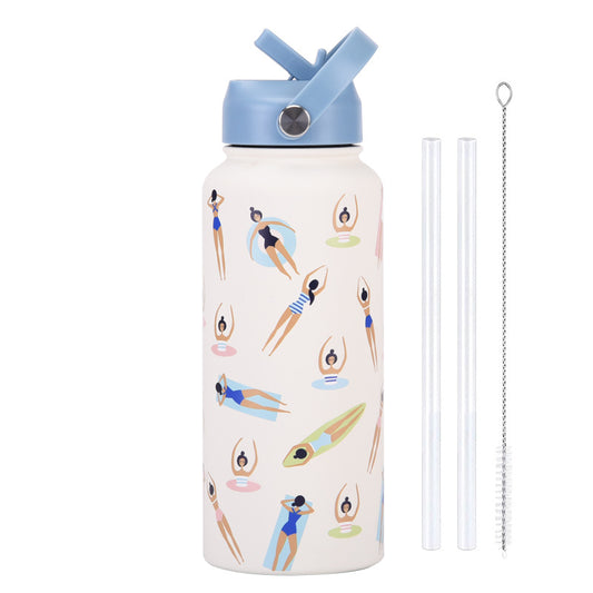 Style 23C White and Blue Vibrant Fun Print 1L Stainless Steel Insulated Water Bottle - 32oz Large Capacity V888-ELOSUNG32194