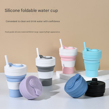 2 Pcs Black 350ml Collapsible Silicone Travel Cup - Portable, Leak-Proof & Food-Grade Drinking Mug with Lid, V888-ELOSUNG32222