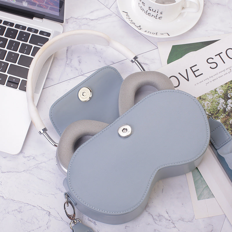 Black Chic PU Leather Crossbody Storage Bag for Apple AirPods Max - Protective Case with Ruched Fabric Strap V888-ELOSUNG32224