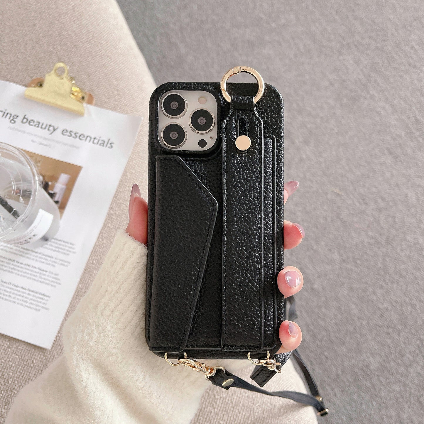 Black Chic PU Leather Crossbody Wallet Case for iPhone 16 Pro - Card Holder with Detachable Strap & Finger V888-ELOSUNG32230