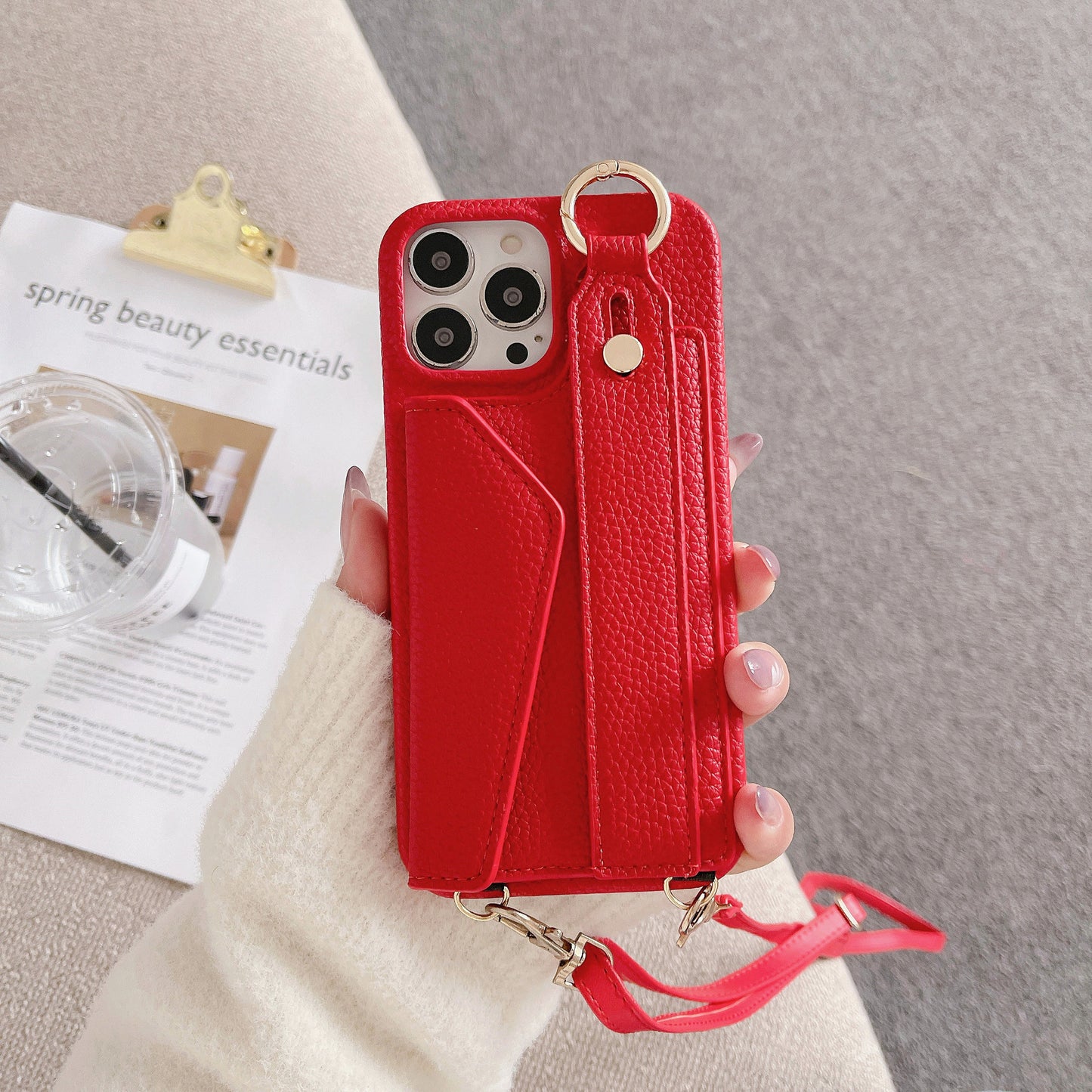 Red Chic PU Leather Crossbody Wallet Case for iPhone 16 Pro Max - Card Holder with Detachable Strap & Finger V888-ELOSUNG32232