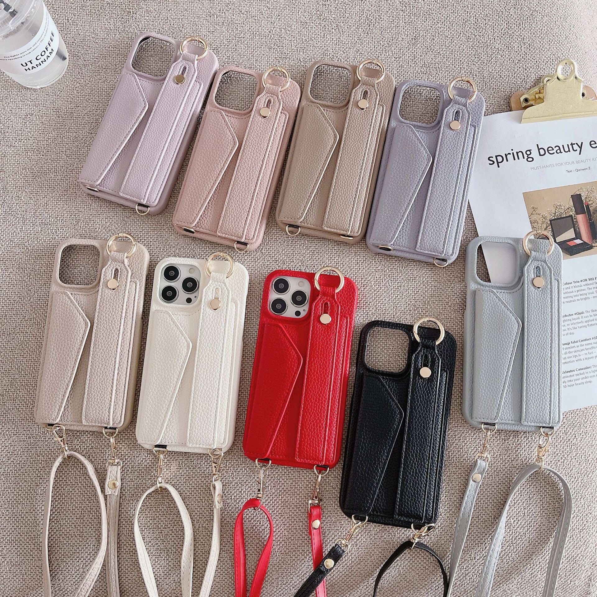 Red Chic PU Leather Crossbody Wallet Case for iPhone 16 - Card Holder with Detachable Strap & Finger Ring Grip V888-ELOSUNG32234