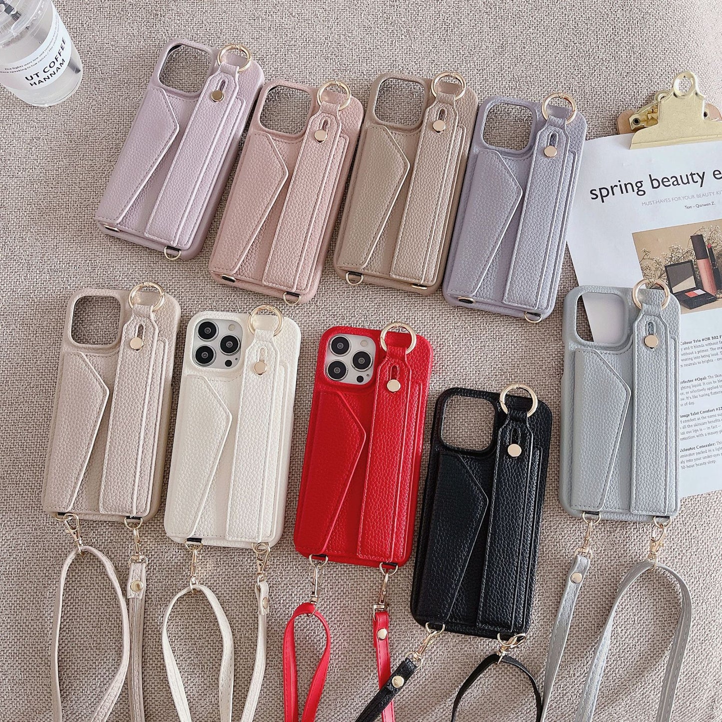 Beige Chic PU Leather Crossbody Wallet Case for iPhone 16 Pro - Card Holder with Detachable Strap & Finger V888-ELOSUNG32255