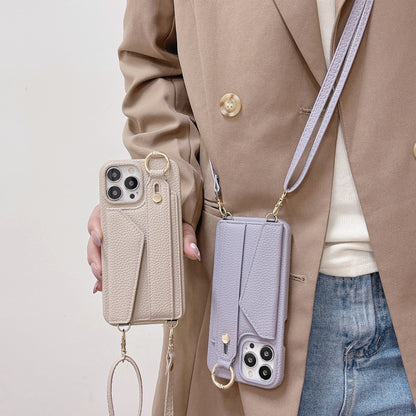 Beige Chic PU Leather Crossbody Wallet Case for iPhone 16 Pro - Card Holder with Detachable Strap & Finger V888-ELOSUNG32255