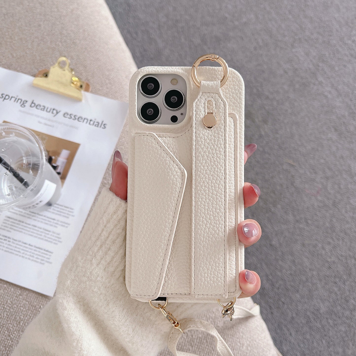 Beige Chic PU Leather Crossbody Wallet Case for iPhone 16 - Card Holder with Detachable Strap & Finger Ring V888-ELOSUNG32256