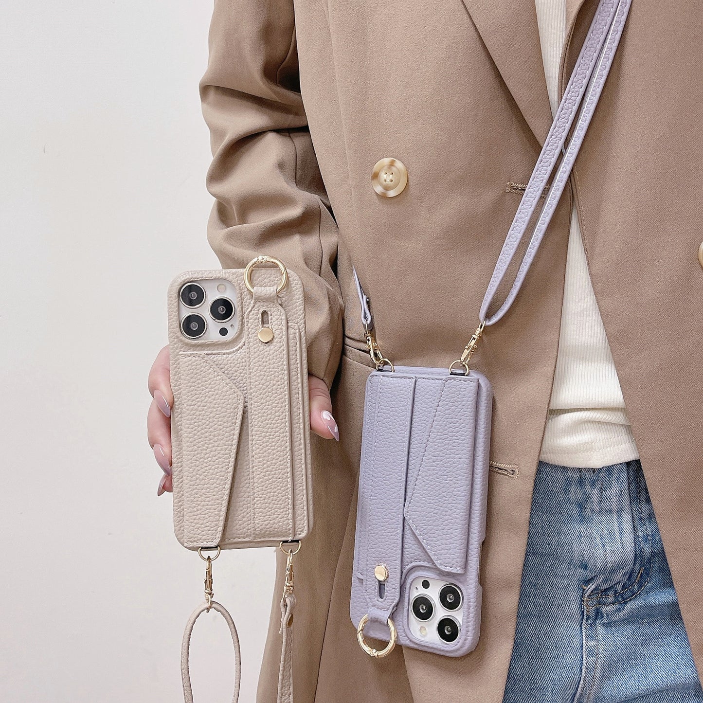 Beige Chic PU Leather Crossbody Wallet Case for iPhone 16 - Card Holder with Detachable Strap & Finger Ring V888-ELOSUNG32256