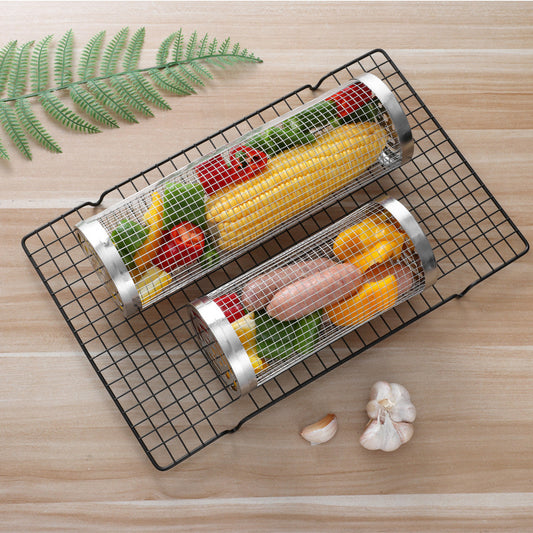 2 Pcs Size L Silver Rolling Stainless Steel BBQ Grill Basket - Cylindrical Grilling Cage for Veggies, Meats & V888-ELOSUNG32258