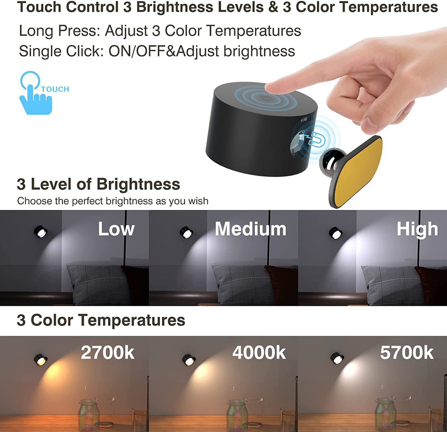 Black Rechargeable LED Magnetic Wall Light - Touch Control, 3 Colors & Dimmable, USB Portable Night Lamp for V888-ELOSUNG32286