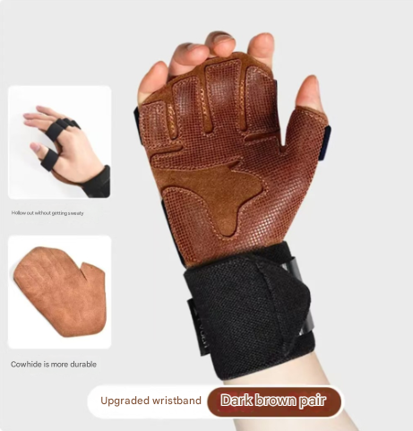 Size M Dark Brown Premium Cowhide Leather Weightlifting Gloves with Wrist Support - Non-Slip Grip, Breathable V888-ELOSUNG32302