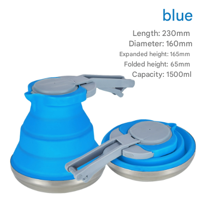 Blue 1.5L Collapsible Silicone Camping Kettle - Portable Foldable Travel Water Boiler, Stainless Steel Base V888-ELOSUNG32323