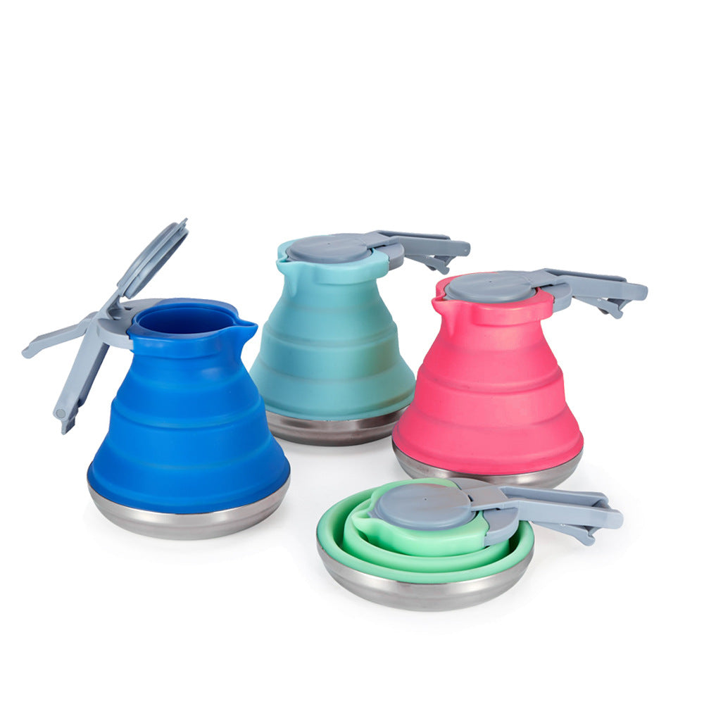 Blue 1.5L Collapsible Silicone Camping Kettle - Portable Foldable Travel Water Boiler, Stainless Steel Base V888-ELOSUNG32323